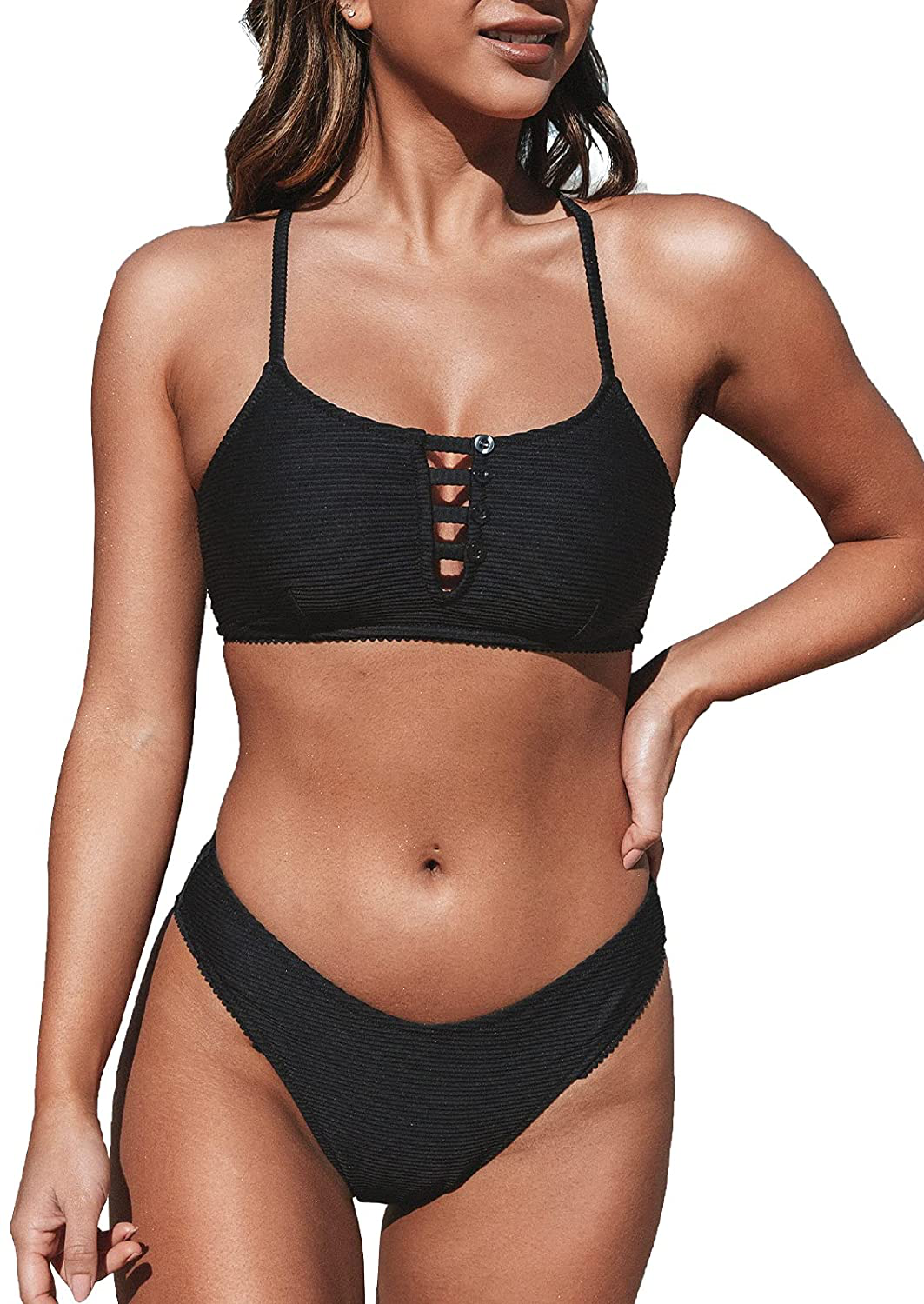 CUPSHE Women's Low Rise Cutout Criss Cross Bikini Swimsuit Sets Apparel & Accessories > Clothing > Swimwear KYLIE MAX Black X-Large 