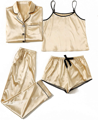 WDIRARA Women'S Silk Satin Pajama Set 4 Pieces Sleepwear Loungewear Pj Sets Apparel & Accessories > Clothing > Sleepwear & Loungewear Kylie Max   