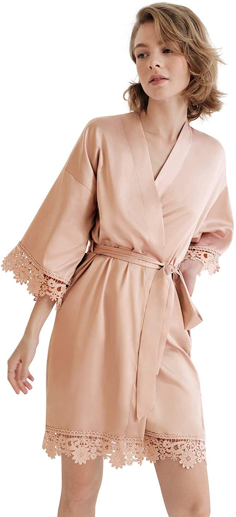 SIORO Women'S Satin Robe Lace Silk Kimono Robes Short for Bridesmaid Wedding Party Nightgown, Small~X-Large Apparel & Accessories > Clothing > Sleepwear & Loungewear > Robes KYLIE MAX Taupe Medium 