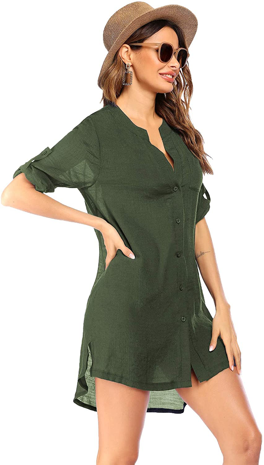 Ekouaer Women'S Cover up Shirt V-Neck Swimsuit Beach Bikini Beachwear Button down Bathing Suit S-3XL Apparel & Accessories > Clothing > Swimwear Kylie Max   
