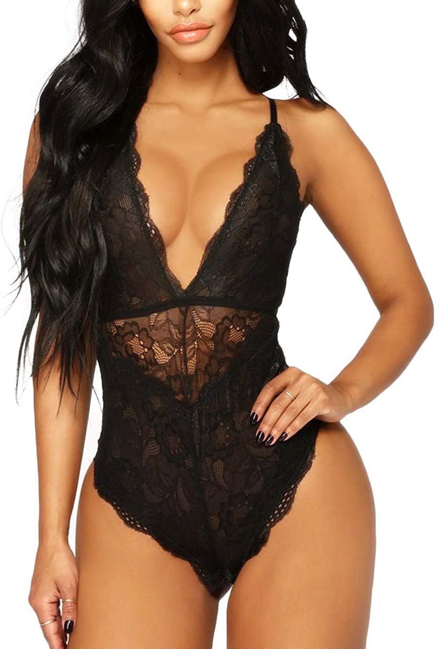 Kaei&Shi V-Neck See Through Lingerie Floral Lace Babydoll Sexy Lingerie for Women One Piece Bodysuit Apparel & Accessories > Clothing > Underwear & Socks > Lingerie Kaei&Shi Black Small 