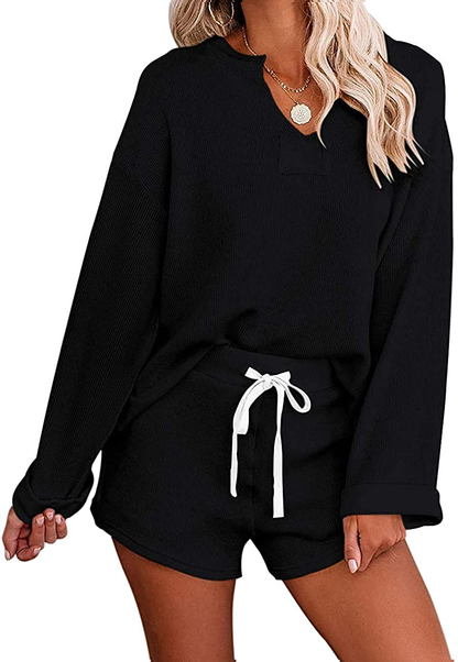 MEROKEETY Women's Long Sleeve Pajama Set Henley Knit Tops and Shorts Sleepwear Loungewear Apparel & Accessories > Clothing > Sleepwear & Loungewear > Pajamas MEROKEETY   