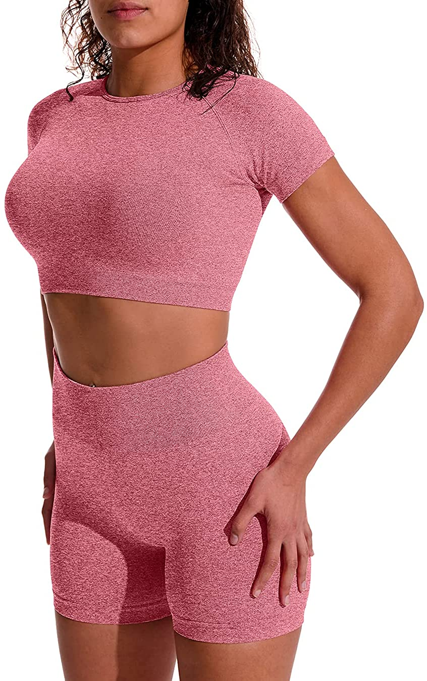 OYS Women'S Yoga 2 Piece Outfits Workout Running Crop Top Seamless High Waist Sports Shorts Sets Apparel & Accessories > Clothing > Underwear & Socks > Lingerie OYS 1#red Small 
