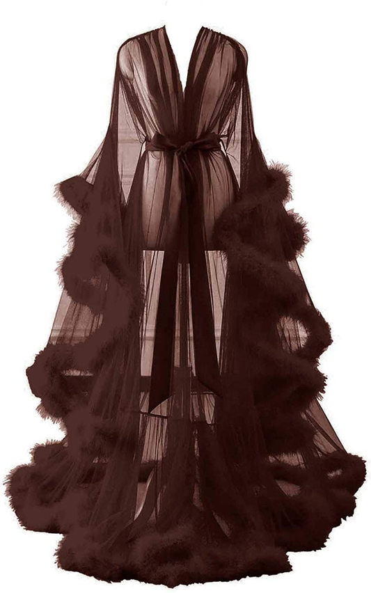 Changuan Sexy Illusion Long Lingerie Robe Nightgown Bathrobe Sleepwear Feather Bridal Robe Wedding Scarf Apparel & Accessories > Clothing > Sleepwear & Loungewear > Robes Changuan Brown 4X-Large 