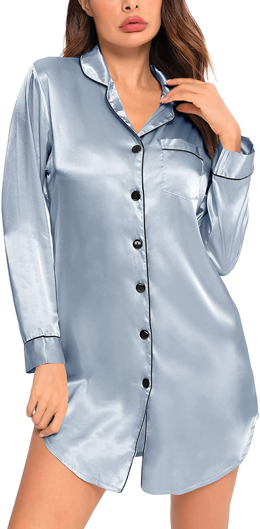 SWOMOG Women'S Satin Sleep Shirt Long Sleeve Sleepwear Silk Nightshirt Button down Pajama Top Apparel & Accessories > Clothing > Sleepwear & Loungewear > Nightgowns Kylie Max   