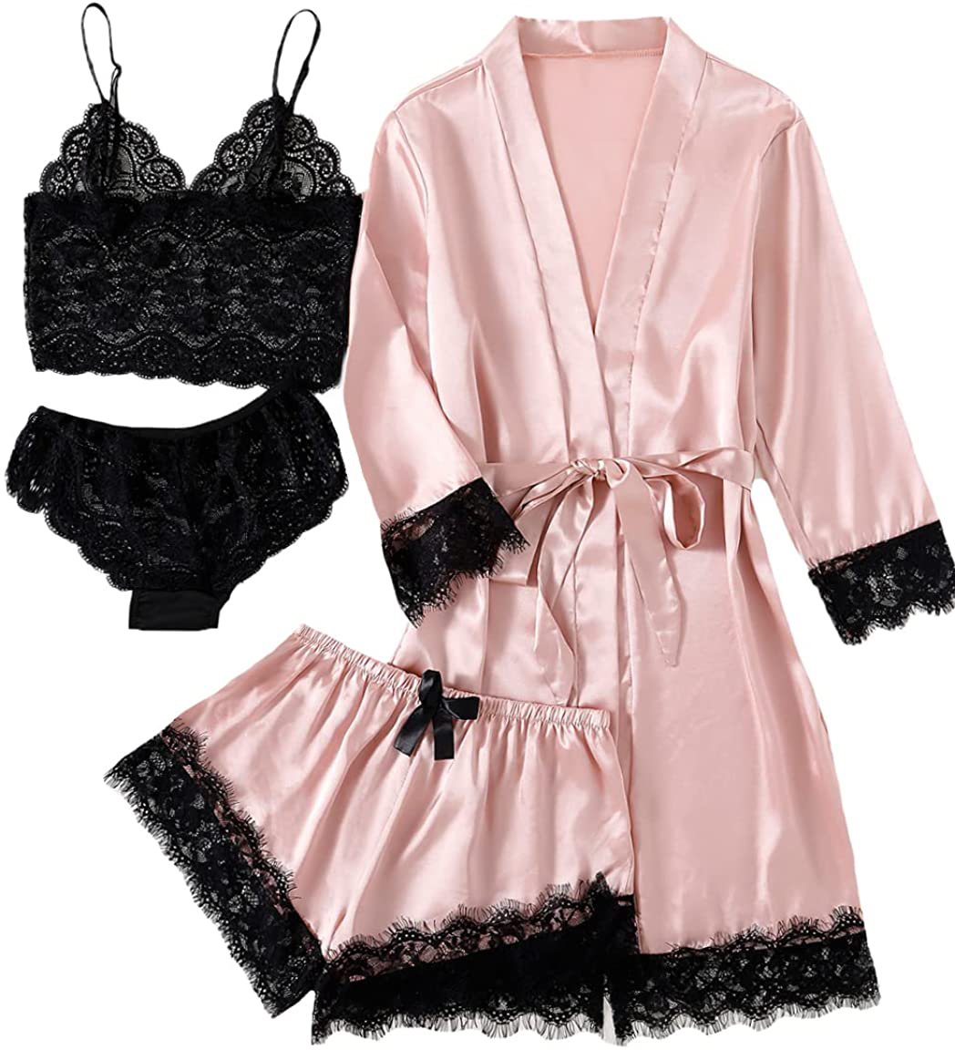LYANER Women'S 4Pcs Sleepwear Satin Floral Lace Trim Cami Pajama Set with Robe Apparel & Accessories > Clothing > Sleepwear & Loungewear Kylie Max   