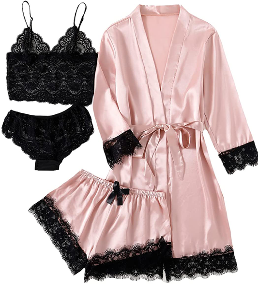 LYANER Women'S 4Pcs Sleepwear Satin Floral Lace Trim Cami Pajama Set with Robe Apparel & Accessories > Clothing > Sleepwear & Loungewear Kylie Max   