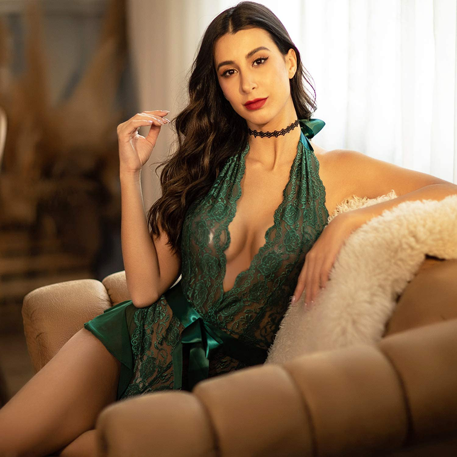 Avidlove Womens One Piece Lingerie Lace Bodysuit Halter V Neck Teddy Lingerie Negligee Babydoll Apparel & Accessories > Clothing > Underwear & Socks > Lingerie Avidlove   
