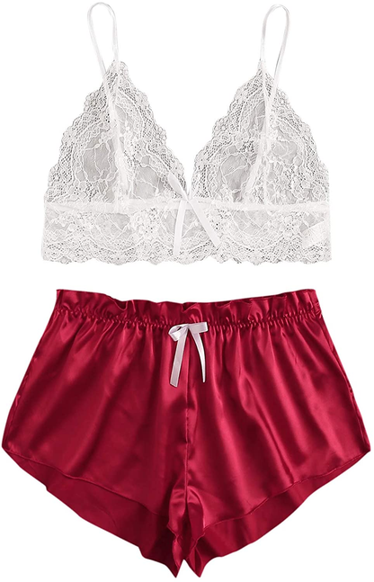 SOLY HUX Women'S plus Size Spaghetti Strap Lace Trim Bralette and Shorts Sleepwear Pajama Lingerie Set Apparel & Accessories > Clothing > Underwear & Socks > Lingerie KYLIE MAX White & Burgundy XX-Large Plus 