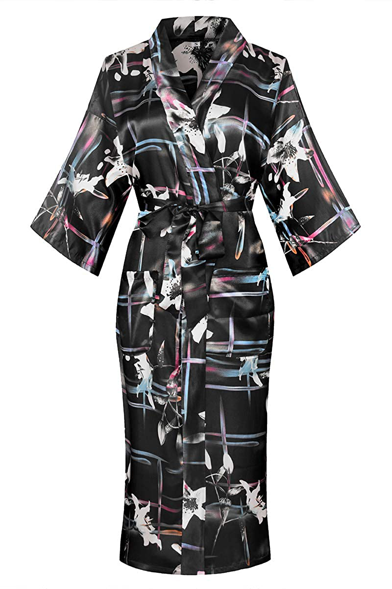 Dandychic Women'S Kimono Robes Lightweight Imitation Silk Sleepwear Long Lightweight Nightgown for Women Apparel & Accessories > Clothing > Sleepwear & Loungewear > Robes DandyChic Black/Flower Large 
