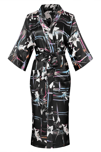 Dandychic Women'S Kimono Robes Lightweight Imitation Silk Sleepwear Long Lightweight Nightgown for Women Apparel & Accessories > Clothing > Sleepwear & Loungewear > Robes DandyChic Black/Flower Large 