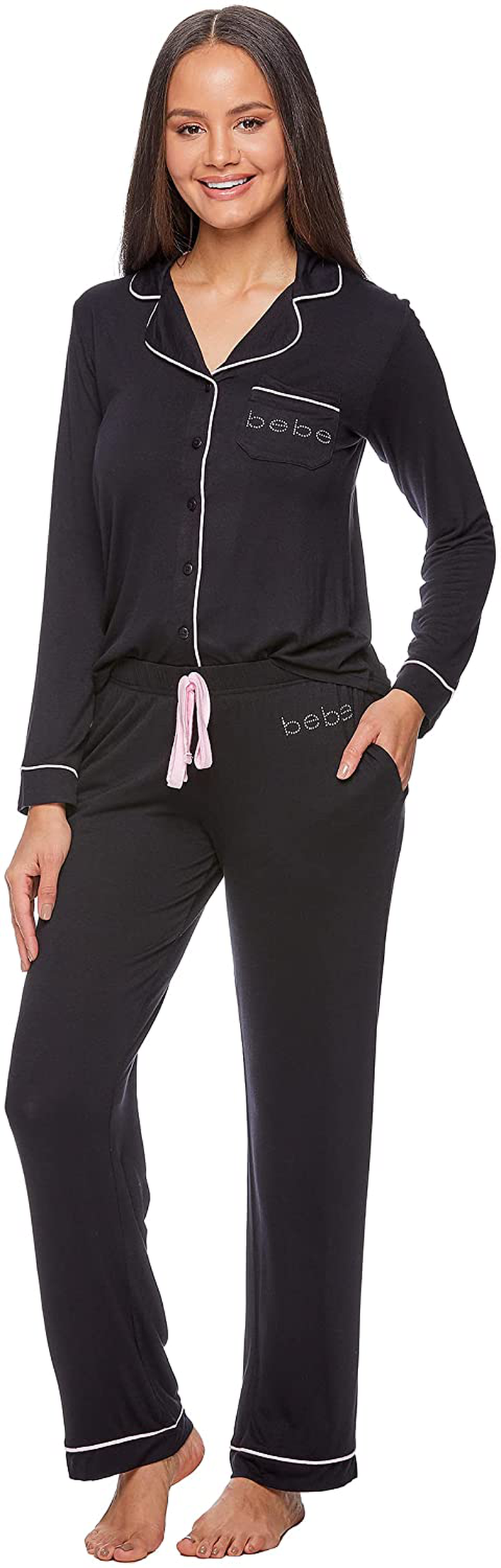 bebe Womens Button Down Long Sleeve Shirt and Pajama Pants Lounge Sleep Set Apparel & Accessories > Clothing > Sleepwear & Loungewear > Pajamas bebe Black Small 