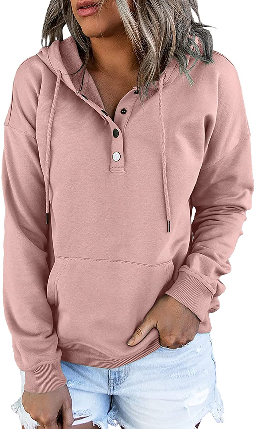 Dokotoo Womens Casual Button Collar Drawstring Long Sleeve Hoodies Pullover Sweatshirts Hooded Tops Apparel & Accessories > Clothing > Activewear Kylie Max   