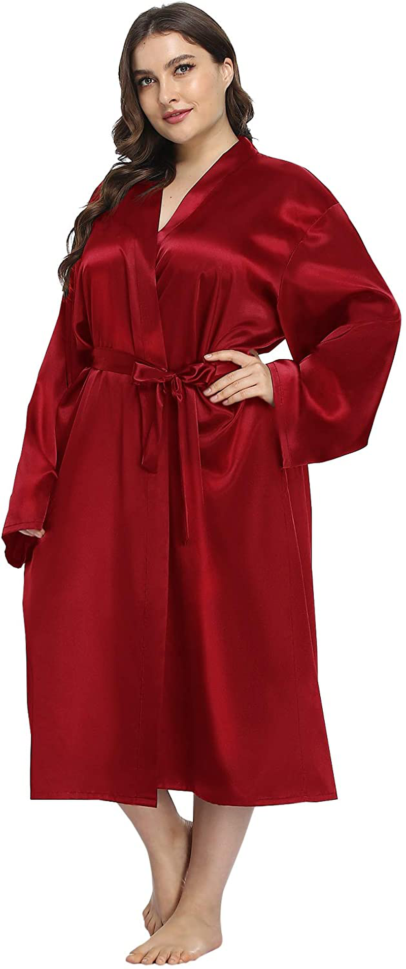 Ifigure Women'S plus Size Satin Robe Long Bathrobes Dressing Gown Soft Sleepwear Apparel & Accessories > Clothing > Sleepwear & Loungewear > Robes iFigure Wine Red 4X 