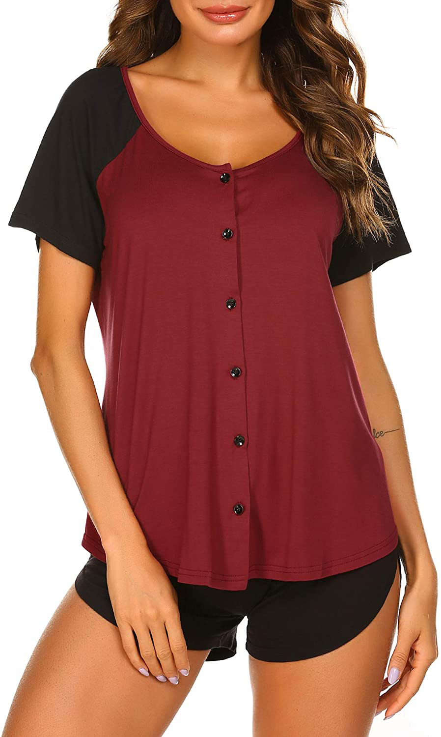 Ekouaer Women's Pajama Short Sleeve Sleepwear Soft Pj Set Top and Shorts Pajamas Set Apparel & Accessories > Clothing > Sleepwear & Loungewear > Pajamas Ekouaer Style 1_wine Red Large 