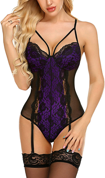 Avidlove Garter Lingerie For Women Sexy Lace Teddy Chemise One Piece Bodysuit Apparel & Accessories > Clothing > Underwear & Socks > Lingerie Avidlove Purple Small 