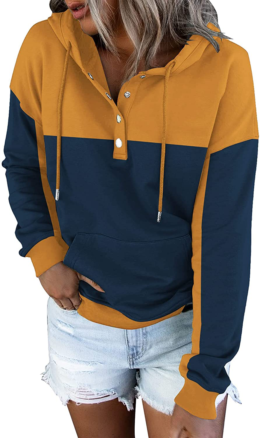 ETCYY Women'S Color Block Hoodies Tops Long Sleeve Casual Drawstring Button down Pullover Sweatshirt with Pocket Apparel & Accessories > Clothing > Activewear Kylie Max   