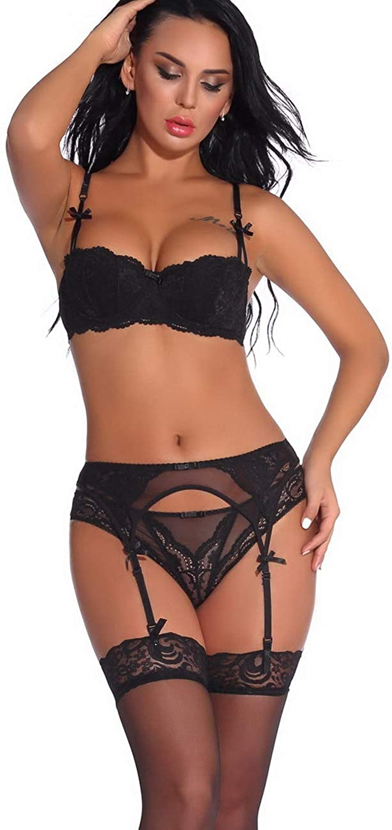 Women Push up Embroidery Bras Set Lace Lingerie Bra and Panty & Garter Belt Suspender & Thigh High Stocking Socks 4 Piece/Set Apparel & Accessories > Clothing > Underwear & Socks > Lingerie Bluewhalebaby   