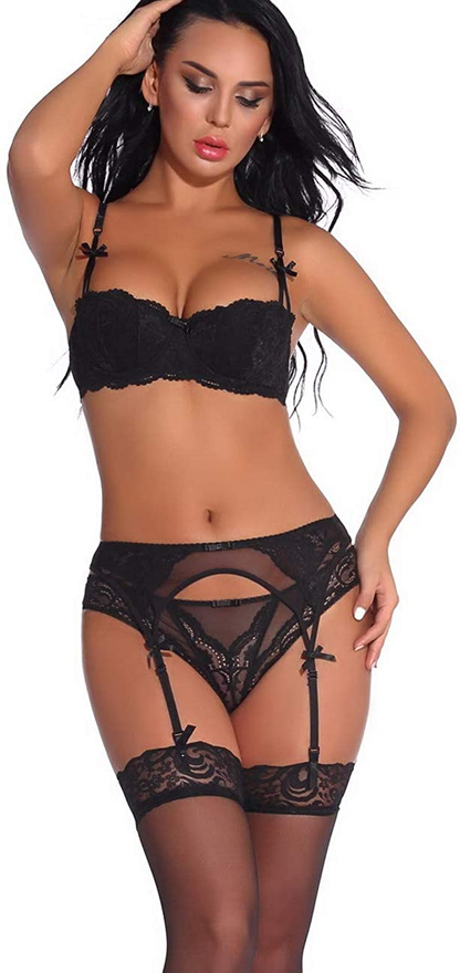 Women Push up Embroidery Bras Set Lace Lingerie Bra and Panty & Garter Belt Suspender & Thigh High Stocking Socks 4 Piece/Set Apparel & Accessories > Clothing > Underwear & Socks > Lingerie Bluewhalebaby   