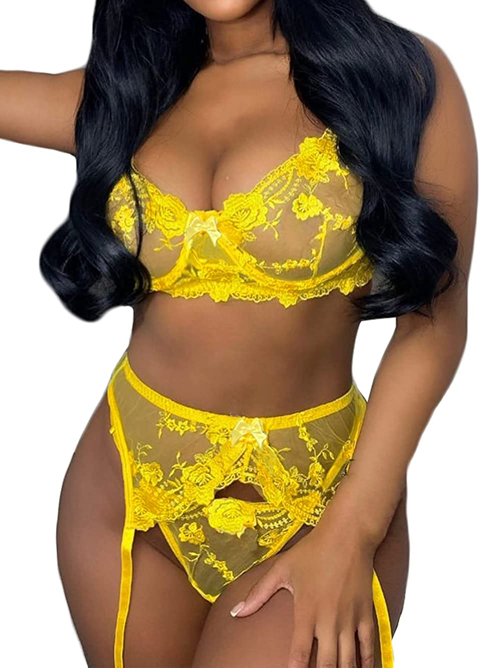 Kaei&Shi Floral Embroidered Mesh Sheer,Underwire Satin Bow,High Cut Thong,Belt Garter Lingerie Apparel & Accessories > Clothing > Underwear & Socks > Lingerie Kaei&Shi Yellow 8-10 