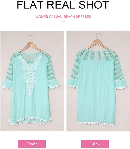 BLENCOT Women'S Crochet Chiffon Tassel Swimsuit Bikini Pom Pom Trim Swimwear Beach Cover Up Apparel & Accessories > Clothing > Swimwear Kylie Max   