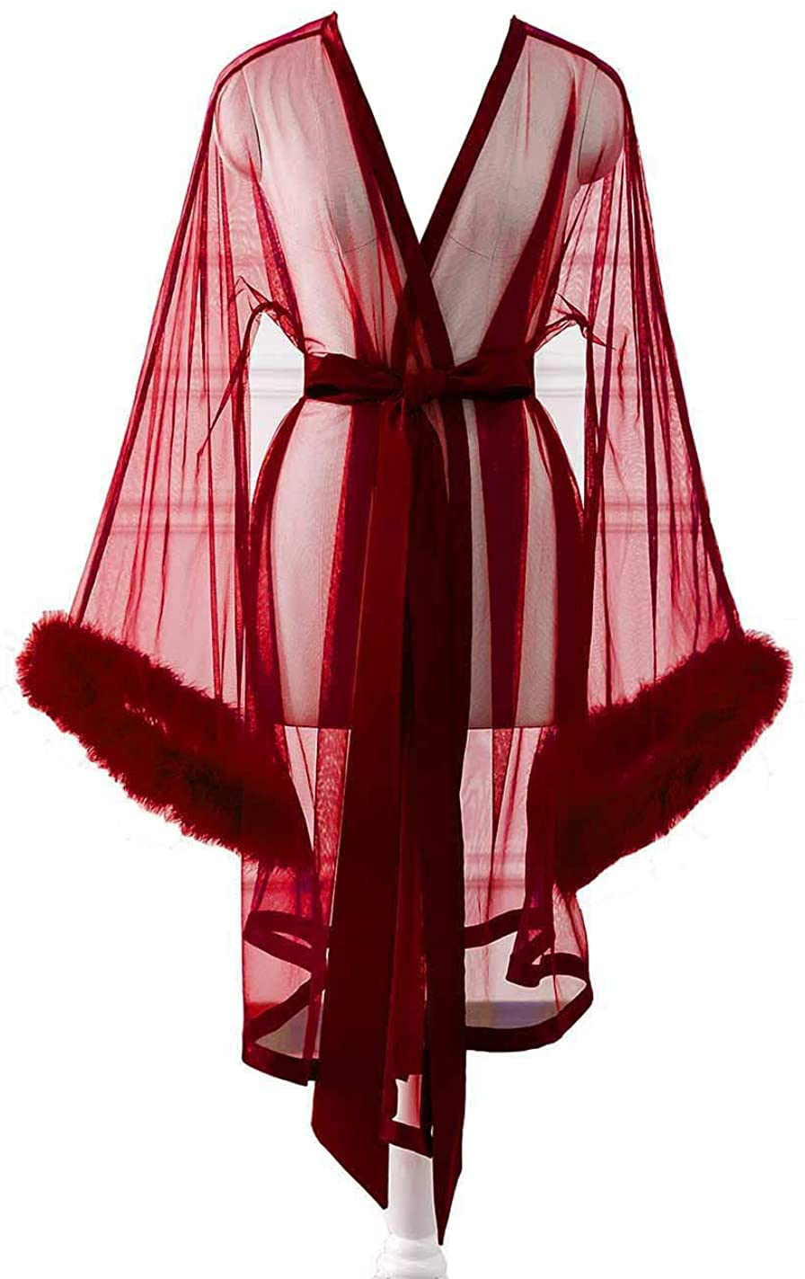 Changuan Sexy Illusion Long Lingerie Robe Nightgown Bathrobe Sleepwear Feather Bridal Robe Wedding Scarf Apparel & Accessories > Clothing > Sleepwear & Loungewear > Robes Changuan Short-burgundy Large-X-Large 