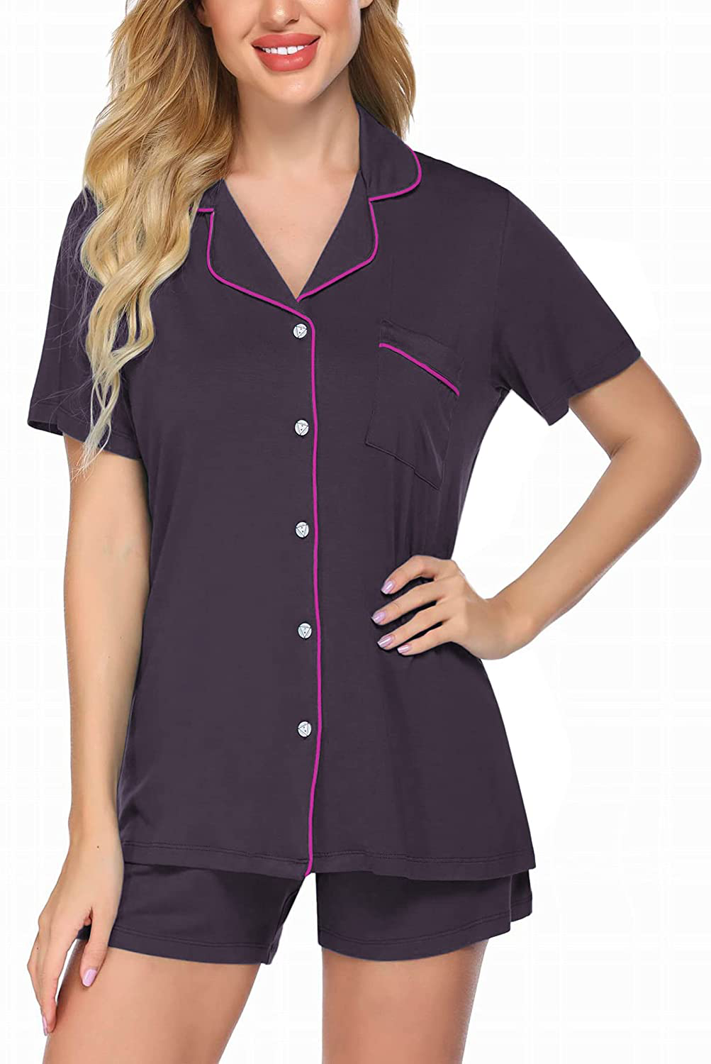 Ekouaer Pajamas Set Short Sleeve Sleepwear Womens Button Down Nightwear Soft Pj Lounge Sets XS-XXL Apparel & Accessories > Clothing > Sleepwear & Loungewear > Pajamas Ekouaer Purple Blue Small 