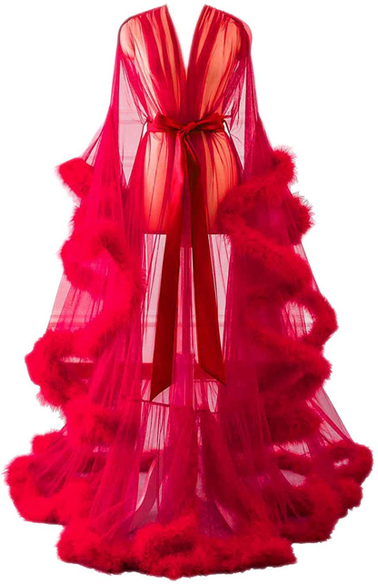 Changuan Sexy Illusion Long Lingerie Robe Nightgown Bathrobe Sleepwear Feather Bridal Robe Wedding Scarf Apparel & Accessories > Clothing > Sleepwear & Loungewear > Robes Changuan Red Large-X-Large 