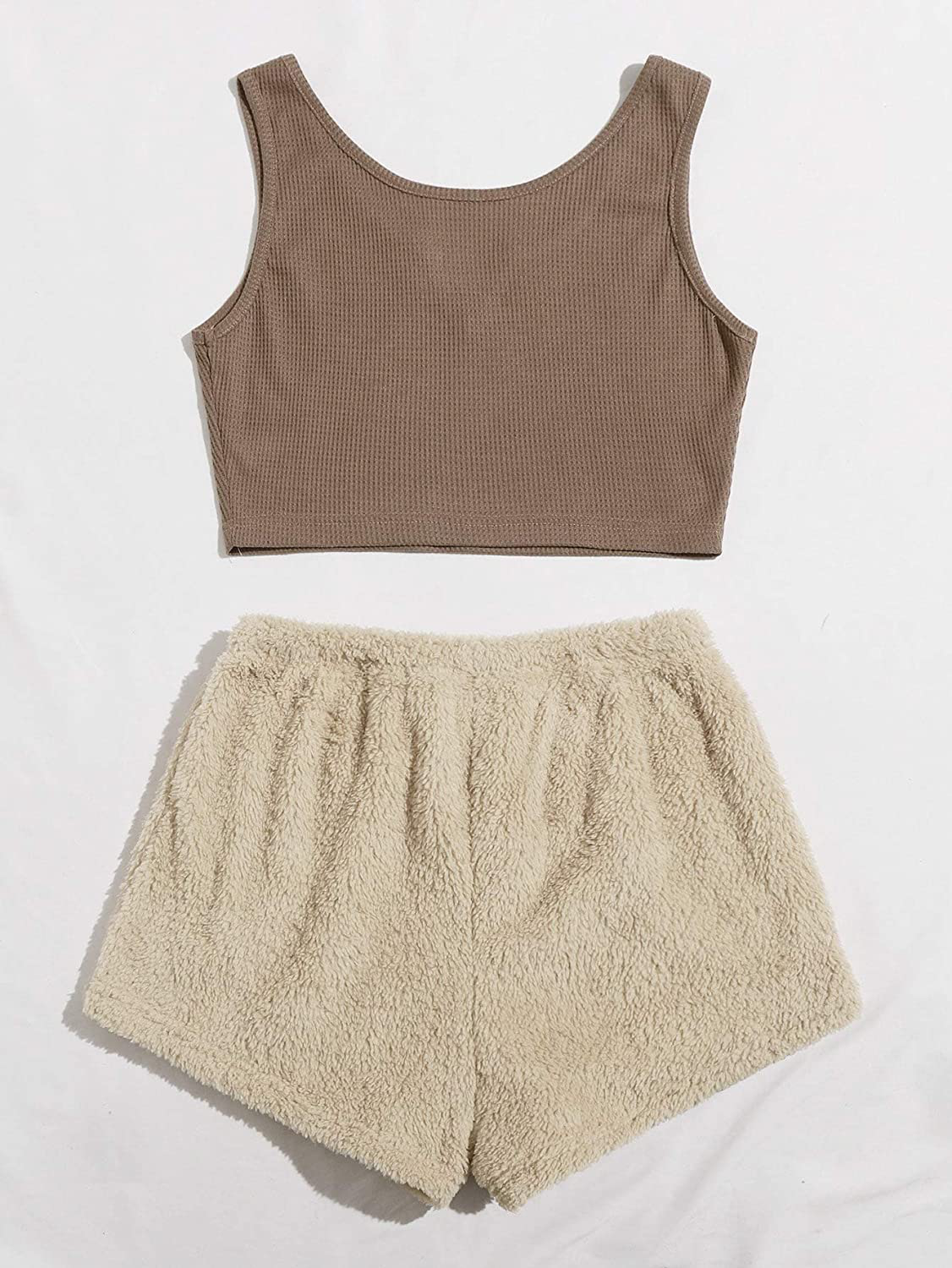 Verdusa Women'S 2 Piece PJ Set Notched Tank Top & Teddy Shorts Fuzzy Lounge Pajama Set Apparel & Accessories > Clothing > Sleepwear & Loungewear Kylie Max   