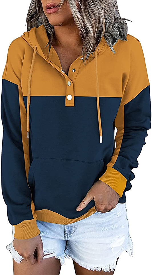 ETCYY Women'S Color Block Hoodies Tops Long Sleeve Casual Drawstring Button down Pullover Sweatshirt with Pocket Apparel & Accessories > Clothing > Activewear Kylie Max   