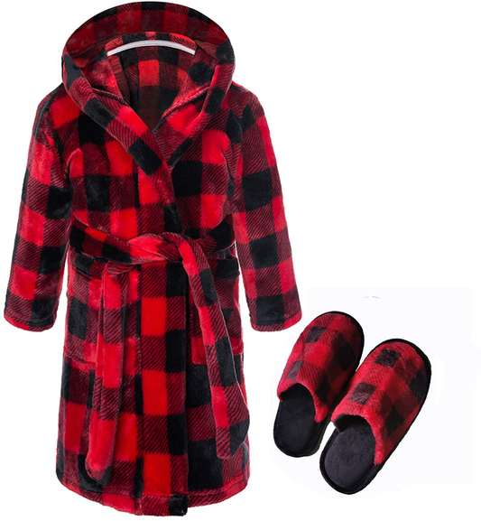 Kids Coral Fleece Robe with Slippers Boys Girls Soft Plush Hooded Bathrobe & Slipper Set Toddlers Apparel & Accessories > Clothing > Sleepwear & Loungewear > Robes Kylie Max   