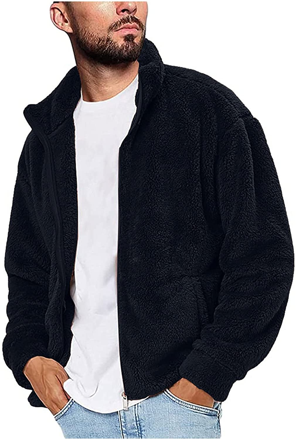 Merthy Mens Fuzzy Sherpa Fleece Jacket Casual Long Sleeve Stand Collar Furry Faux Woolen Cardigan Coat Zipper Teddy Coats Apparel & Accessories > Clothing > Underwear & Socks > Shapewear Merthy Dark Blue Small 