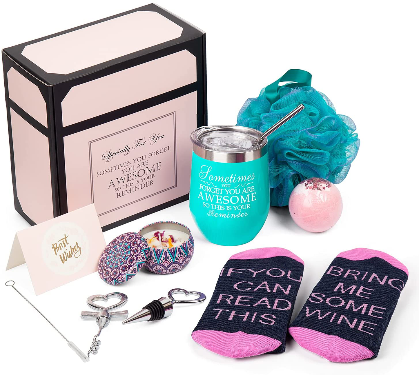 Wine Gifts for Women Wine Insulated Tumbler Birthday Gift for Wine Lover Christmas Gift Basket for Mom Wife Sister Girlfriend Bottle Opener/Stopper Loofah Sponge Rose Gold Arts & Entertainment > Party & Celebration > Gift Giving Psukhai Blue  
