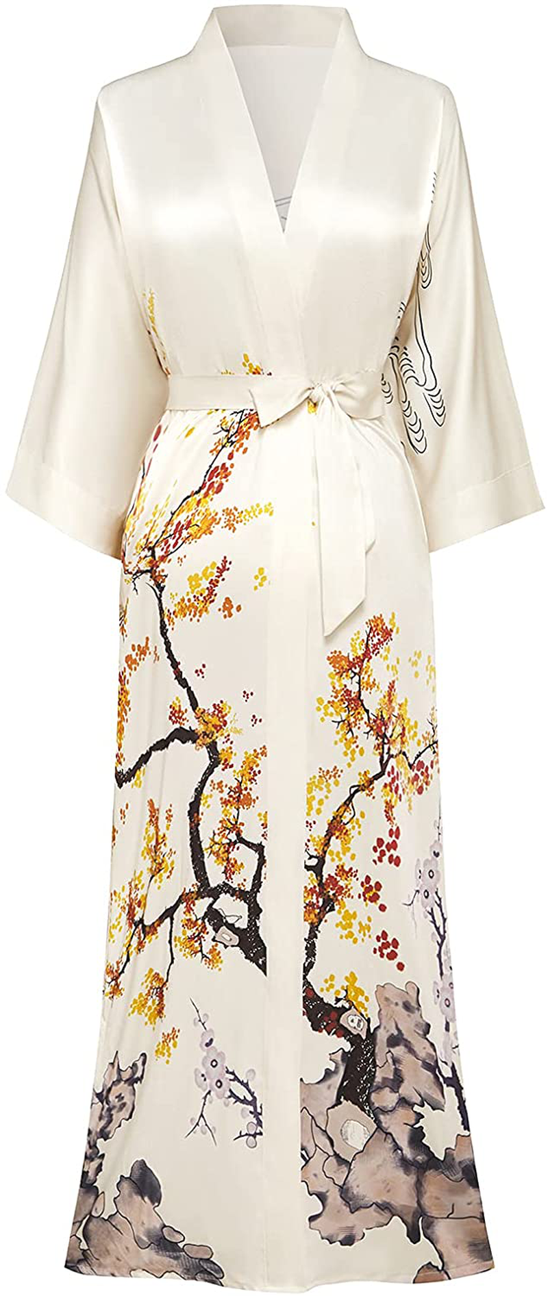 PRODESIGN Long Kimono Robe Satin Sleepwear Gradient Watercolor Silky Kimono Nightgown Bathrobe Kimono Blouse Cardigan Apparel & Accessories > Clothing > Sleepwear & Loungewear > Robes KYLIE MAX Beige  