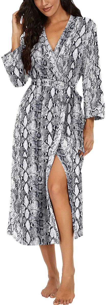 VINTATRE Women Kimono Robes Long Knit Bathrobe Lightweight Soft Knit Sleepwear V-Neck Casual Ladies Loungewear Apparel & Accessories > Clothing > Sleepwear & Loungewear > Robes VINTATRE D08 Fp-snakeskin White Large 
