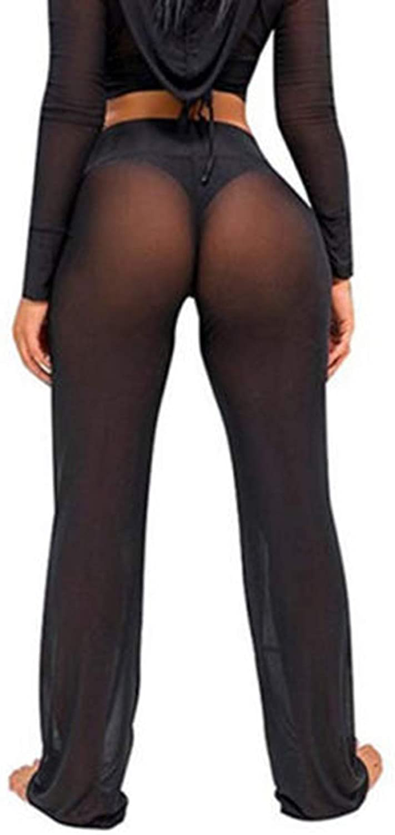 Awoscut Women See through Sheer Mesh Pants Beach Swimsuit Bikini Bottom Cover up Party Club Elastic High Waist Wide Leg Pants Apparel & Accessories > Clothing > Swimwear Kylie Max   