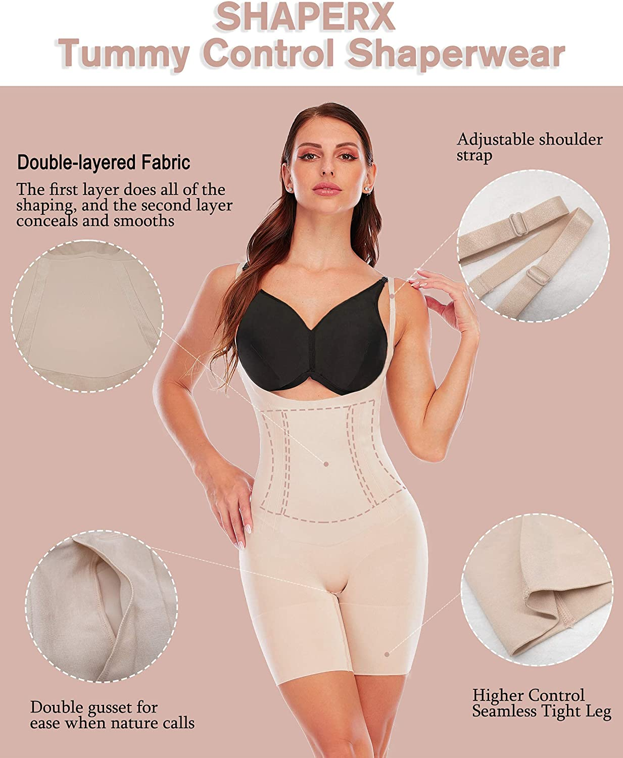 SHAPERX Tummy Control Shapewear for Women Seamless Fajas Bodysuit Open Bust Mid Thigh Body Shaper Shorts Apparel & Accessories > Clothing > Underwear & Socks > Shapewear SHAPERX   