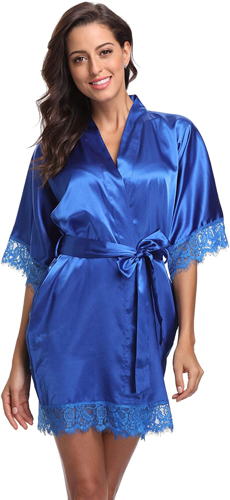Original Kimono Women'S Lace-Trimmed Satin Short Kimono Robe Bathrobe Loungewear Apparel & Accessories > Clothing > Sleepwear & Loungewear > Robes Original Kimono Royal Blue Small 