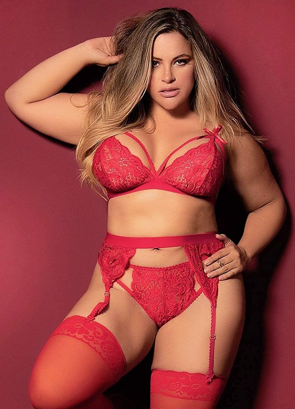 Women plus Size Lingerie Set with Garter Belt 3 Piece Sexy Strap Bra and Panty Lace Bodysuit Apparel & Accessories > Clothing > Underwear & Socks > Lingerie KYLIE MAX   