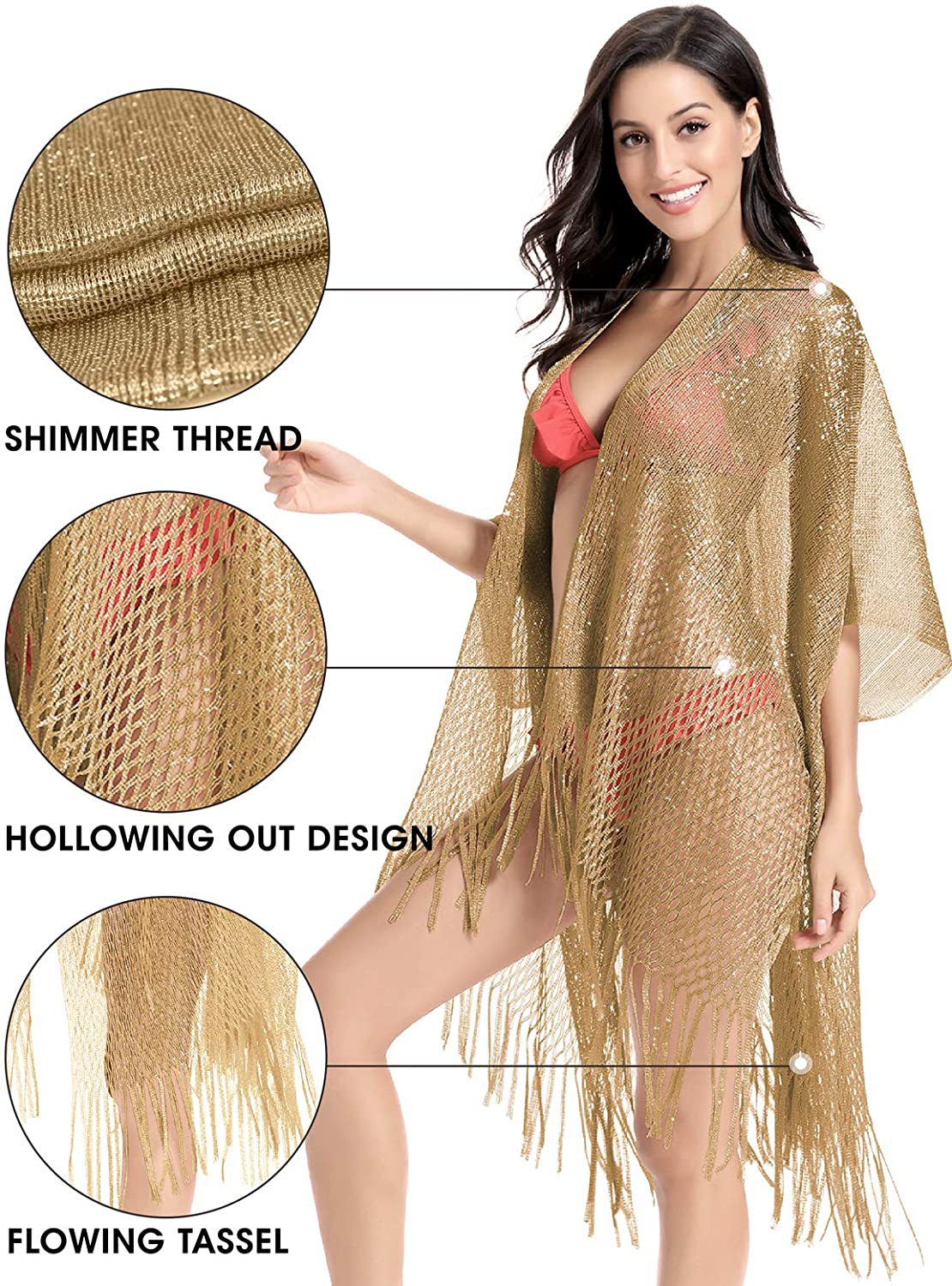 Metallic Sparkly Kimono Cardigan Swimsuit Beach Bikini Cover Ups Open Front Casual Blouse Tops Apparel & Accessories > Clothing > Swimwear Kylie Max   