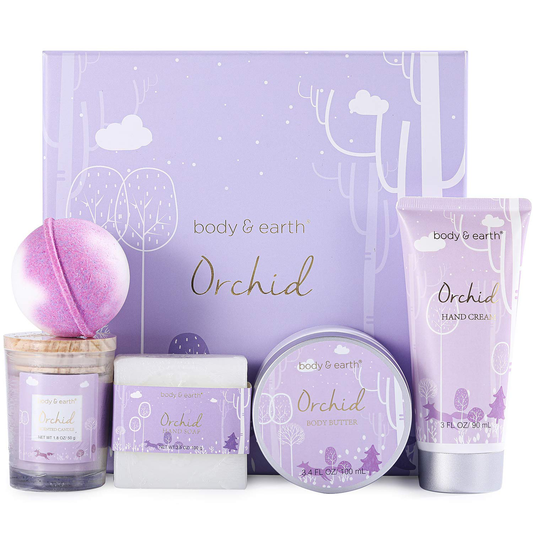 Bath Gifts for Women - Gift Set for Women Body & Earth 5 Piece Body Spa Bath Set Gift Baskets with Orchid Scented Candle, Body Butter, Hand Cream, Bath Bar and Bath Bomb, Christmas Gift for Women Arts & Entertainment > Party & Celebration > Gift Giving BODY & EARTH   