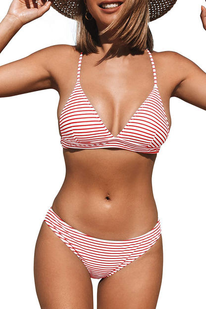 CUPSHE Women’s Bikini Swimsuit Stripe V Neck Back Cross Two Piece Bathing Suit Apparel & Accessories > Clothing > Swimwear KYLIE MAX Rose Stripe X-Small 