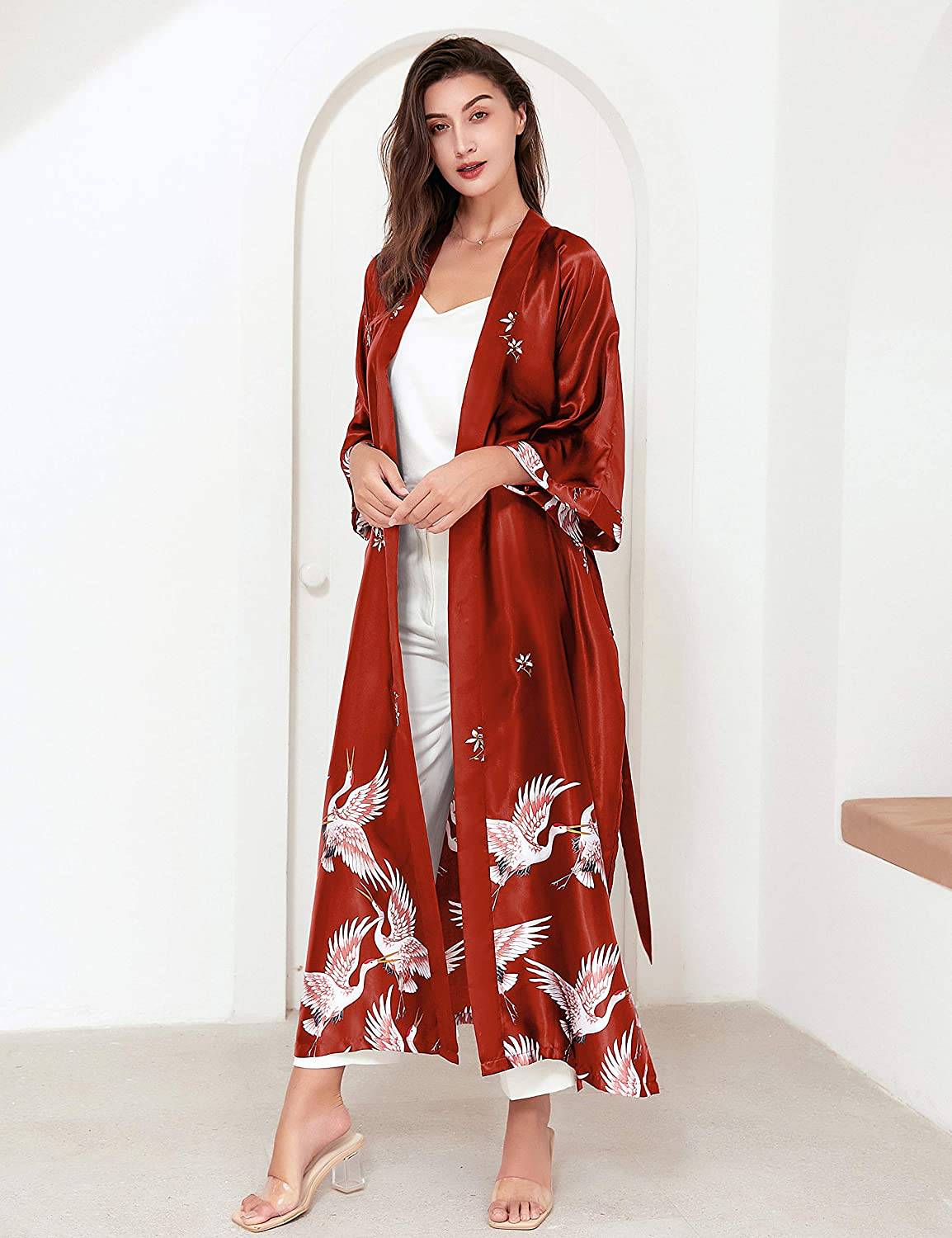 PRODESIGN Long Kimono Robe Satin Sleepwear Blouse Silky Bathrobe Nightgown Floral Crane Kimono Cardigan Cover Up Apparel & Accessories > Clothing > Sleepwear & Loungewear > Robes KYLIE MAX   