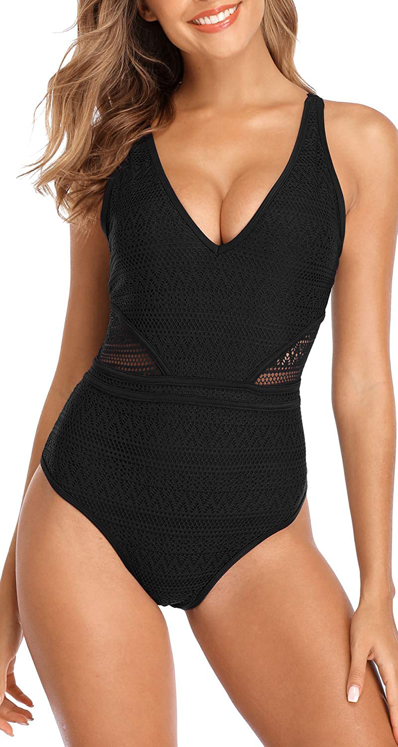 SOCIALA Women'S Crochet One Piece Swimsuits V Neck High Waist Bathing Suit Sexy Hollow Monokini Swimwear Apparel & Accessories > Clothing > Swimwear Kylie Max   