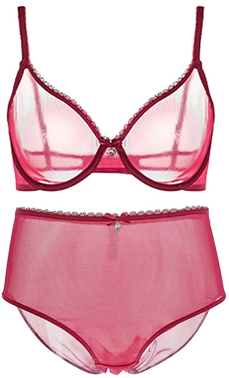 Varsbaby Women See-Through Lace Push up Transparent Everyday Bra Apparel & Accessories > Clothing > Underwear & Socks > Lingerie Varsbaby Wine Red With High Rise 40E 