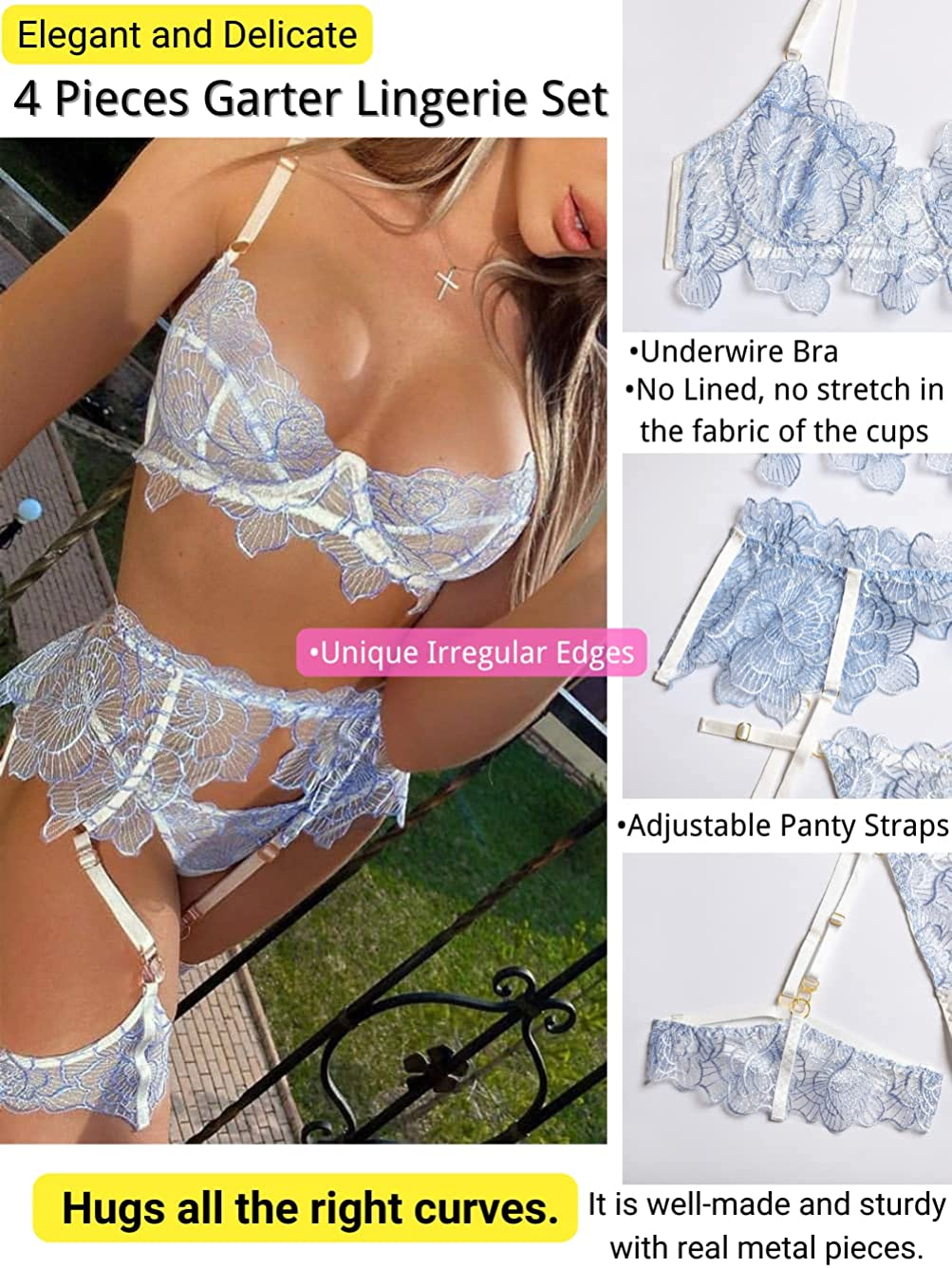 Kaei&Shi Floral Embroidered Sheer,Underwire,G-String,Belt,Thigh Straps,4 Piece Garter Lingerie Set Apparel & Accessories > Clothing > Underwear & Socks > Lingerie Kaei&Shi   