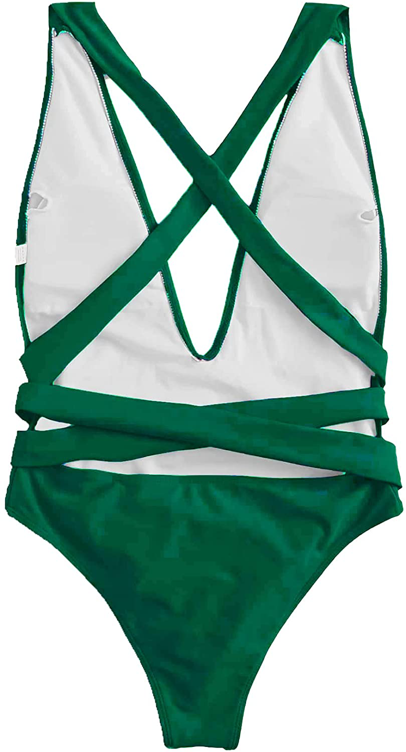 Lilosy Sexy Self Tie Criss Cross Plunge Backless High Cut Thong One Piece Swimsuit for Women Padded Bathing Suit Bikini Apparel & Accessories > Clothing > Swimwear Kylie Max   