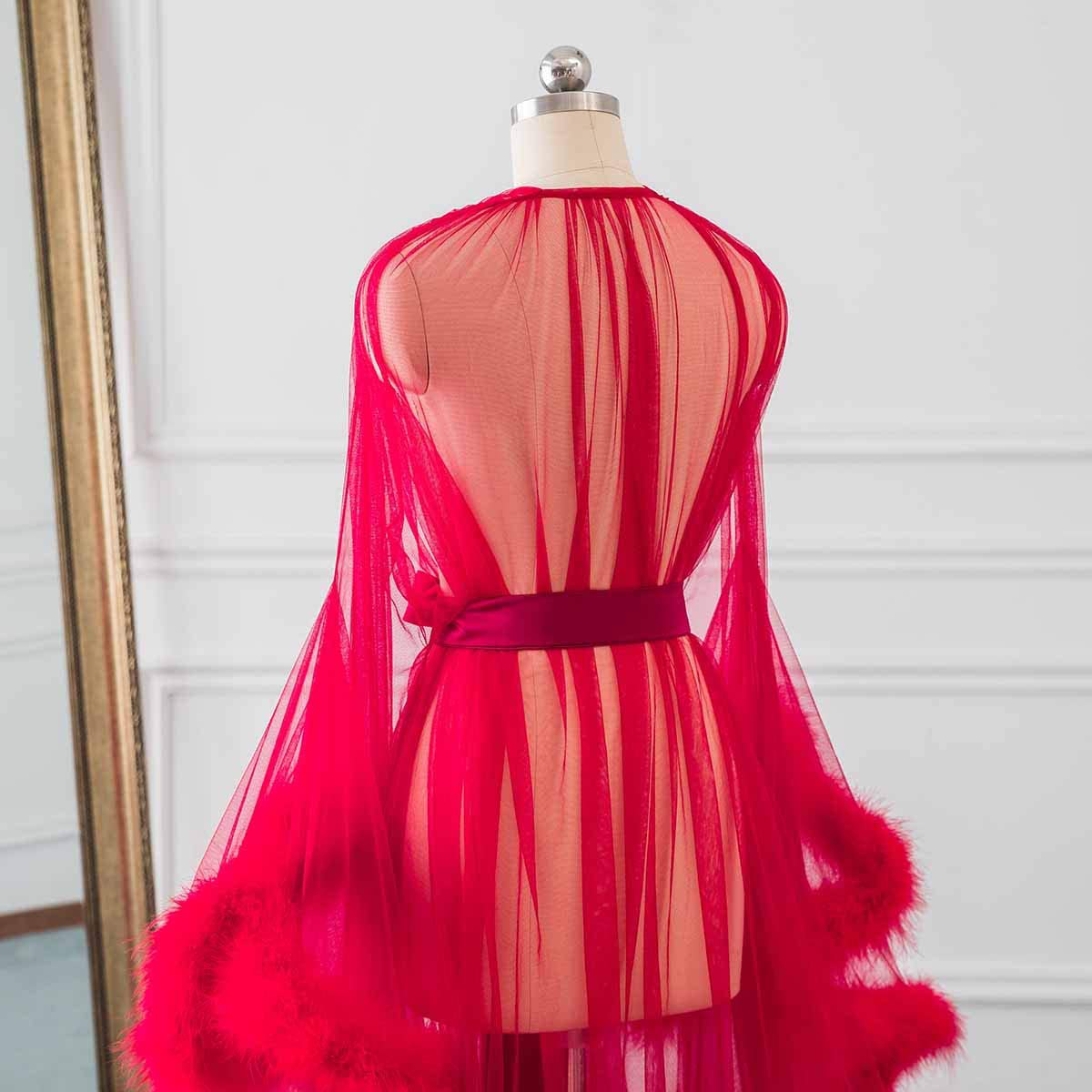 Changuan Sexy Illusion Long Lingerie Robe Nightgown Bathrobe Sleepwear Feather Bridal Robe Wedding Scarf Apparel & Accessories > Clothing > Sleepwear & Loungewear > Robes Changuan   