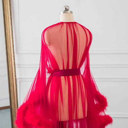 Changuan Sexy Illusion Long Lingerie Robe Nightgown Bathrobe Sleepwear Feather Bridal Robe Wedding Scarf Apparel & Accessories > Clothing > Sleepwear & Loungewear > Robes Changuan   