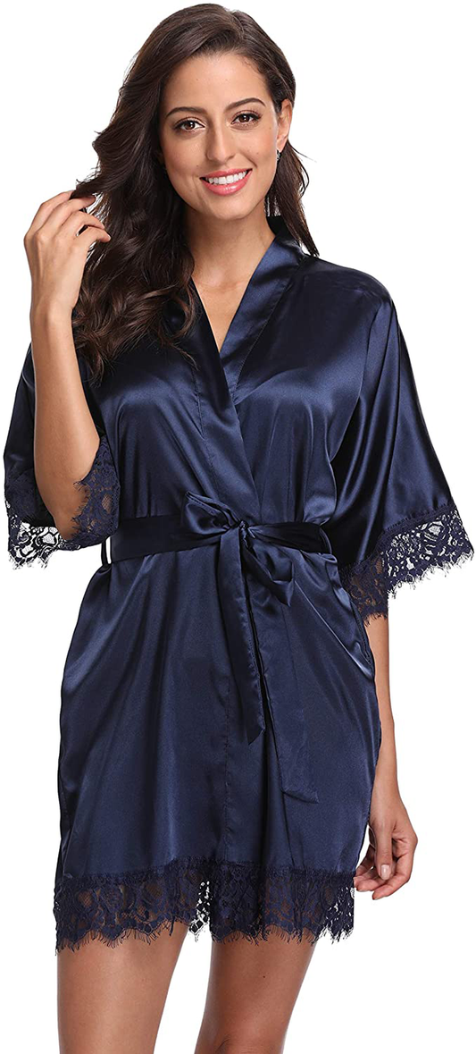 Original Kimono Women'S Lace-Trimmed Satin Short Kimono Robe Bathrobe Loungewear Apparel & Accessories > Clothing > Sleepwear & Loungewear > Robes Original Kimono Navy Large 